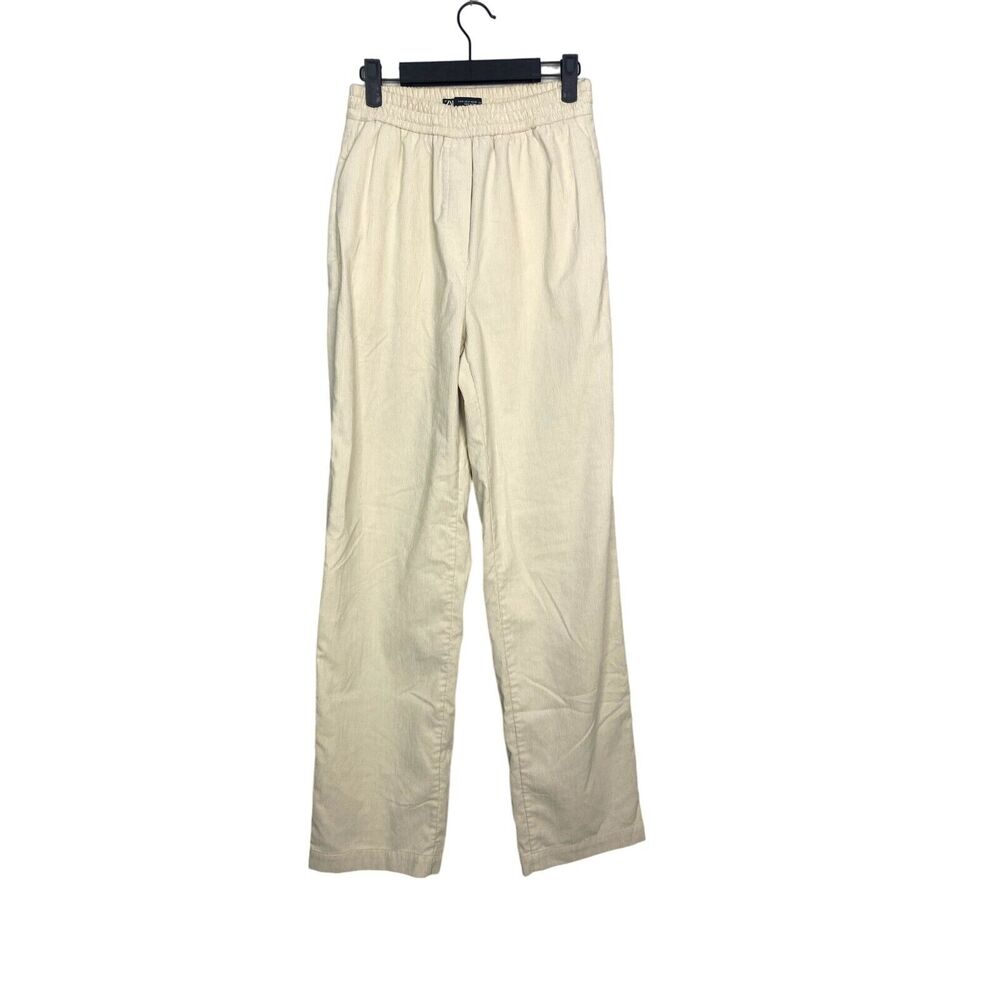 ZARA High Rise Straight Leg Cream Corduroy Elastic Waist Pants Pockets S #3370